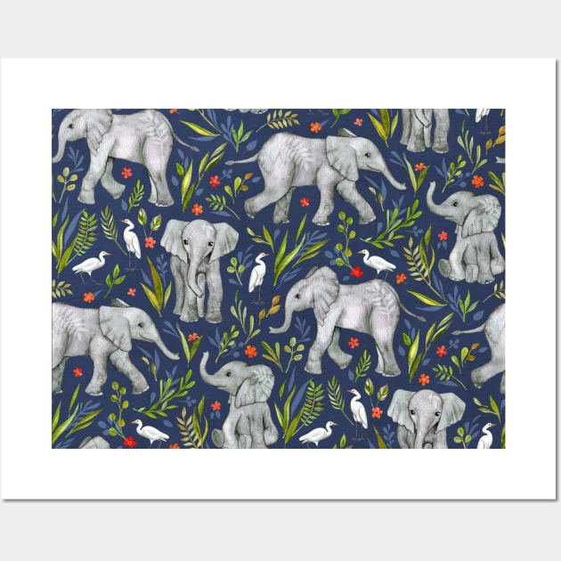 Baby Elephants and Egrets in Watercolor - navy blue Wall Art by micklyn